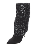 Balmain Black Silver Sequin Leopard Fold Over Metal Heel Boots