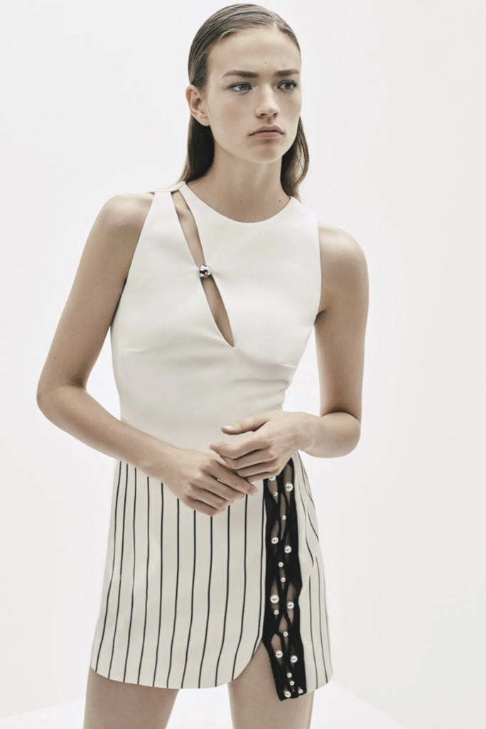 Mugler Black White Pinstripe Macrame Pearl Embellished Skirt Resort 2016