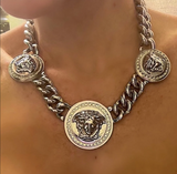 Versace Silver Triple Medusa Coin Chain Peridot Crystal Necklace Fall 2104 Campaign