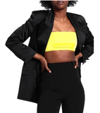 NineMinutes Italy Neon Yellow Satin Criss Cross Crop Suit Top