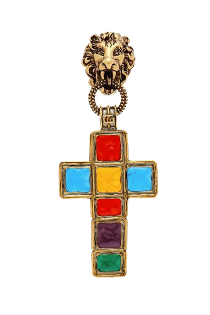 Gucci Multi Color Cross With Lion Head Stud Earring