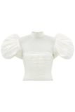 Richard Quinn White Satin Puff Sleeve Tulle Chiffon Neck Ruched Mini Dress