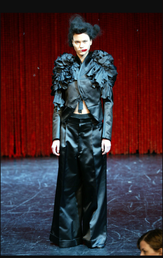 Comme des Garçons Black Satin Jacket with Dramatic Ruffle Pleat Details and Oversize Black Satin Pant Suit FW2004