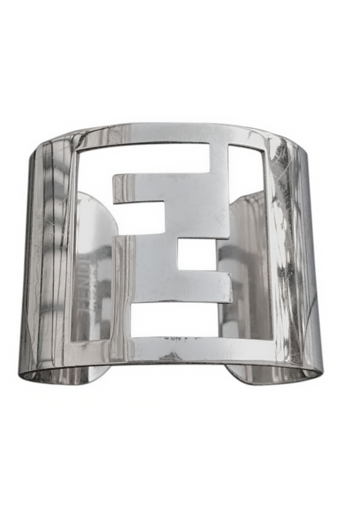 Fendi Silver Metallic Zucca "FF" Cut Out Bracelet Cuff Set Of Two