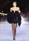 Saint Laurent Black Velvet Heart Shape Neckline Sequin Puff Cocktail Dress Runway 2018
