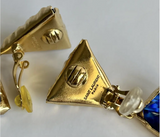 Saint Laurent YSL Emerald Green Saphire Blue and Dark Purple Gem Stone Gripoix Earrings