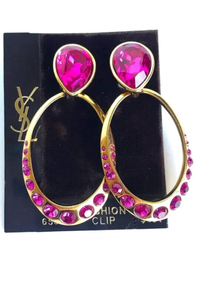 Saint Laurent YSL Vintage 80's Gold Pink Fuchsia Magenta Crystal Hoop Earrings