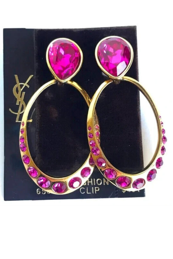 Saint Laurent YSL Vintage 80's Gold Pink Fuchsia Magenta Crystal Hoop Earrings