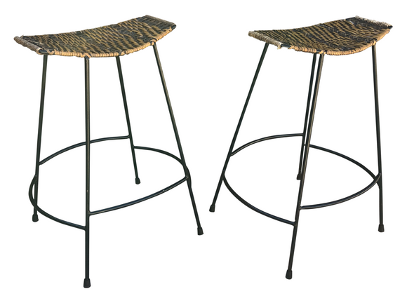 Arthur Umanoff Iron and Rattan Bar Stool Set