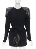 Saint Laurent Black Extreme Shoulder Pad Chain Mail Spike Mini Dress Fall 2018