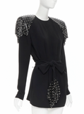 Saint Laurent Black Extreme Shoulder Pad Chain Mail Spike Mini Dress Fall 2018