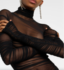 Mugler Black Net Sheer Long Sleeve High Neck Ruched Gown