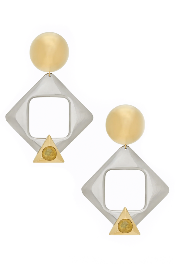 Saint Laurent Silver Gold Gem Stone Geometric Oversized Earrings
