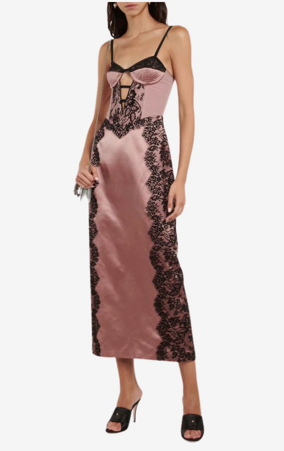 Gucci Pink Black Silk Lace Cut Out Corset Dress Gown