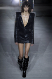 Saint Laurent Black Sequin Crystal Shoulder Deep V Cut Out Dress