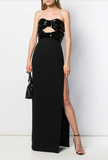 Saint Laurent Black Sequin Bow Cut Out Slit Gown