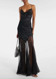 Rabanne Black Crystal Embellished Chiffon Sheer Gown