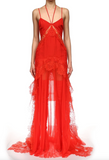 David Koma Red Lace Drop Waist Cut Out Gown