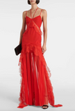 David Koma Red Lace Drop Waist Cut Out Gown