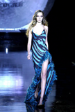 Roberto Cavalli Black & Blue Zebra Print High Slit Gown FW2000