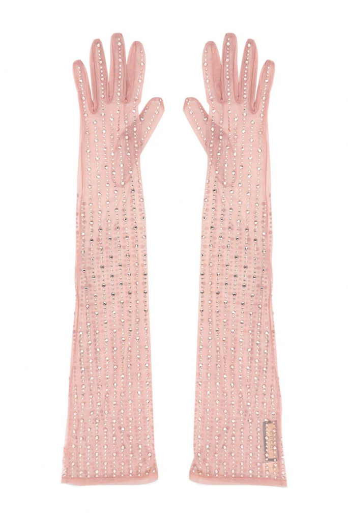 Gucci Pink Sheer Crystal Embellished Long Gloves