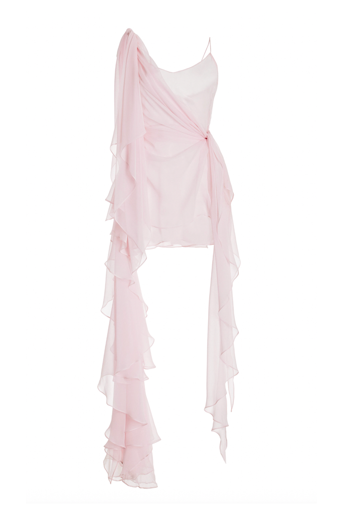 LaQuan Smith Pink Silk Sheer Ruffle Asymmetric Mini Dress