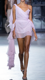 LaQuan Smith Pink Silk Sheer Ruffle Asymmetric Mini Dress