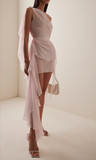 LaQuan Smith Pink Silk Sheer Ruffle Asymmetric Mini Dress