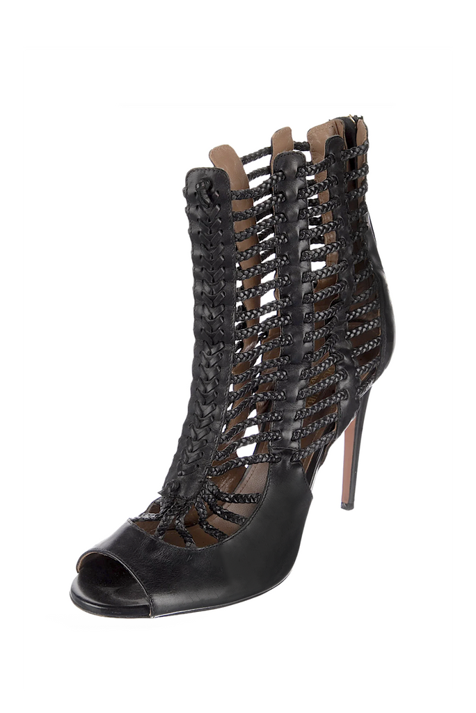 Aquazurra Black Leather Braided Laced Cut Out Heel Boot Shoe