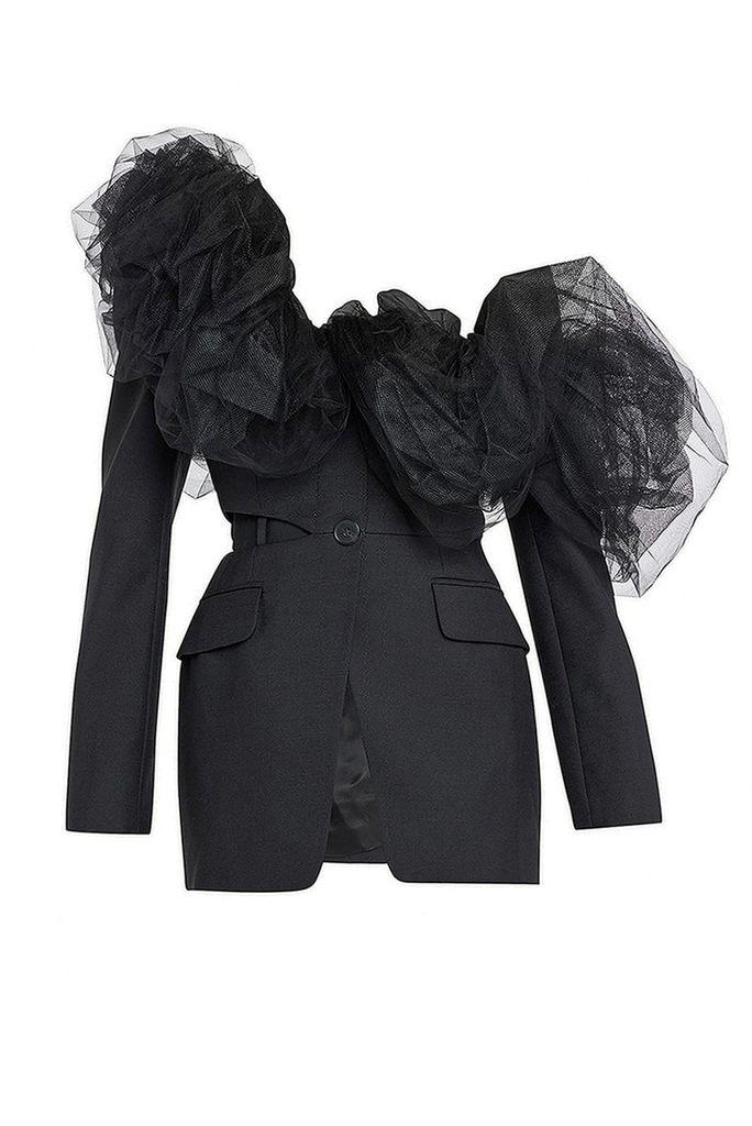 Alexander McQueen Black Tulle Ruffle Poof Shoulder Suit Blazer