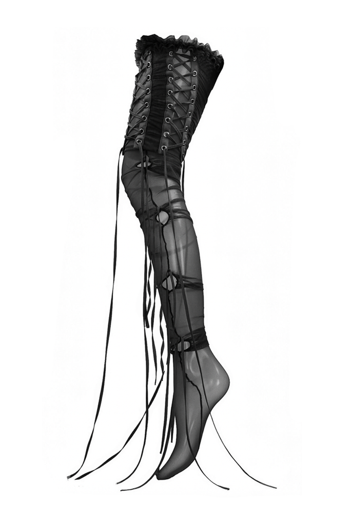 Aniye Records Black Sheer Lace Drape String Thigh High Stockings