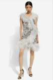 Dolce & Gabbana Silver Sequin Asymmetric Feather Dress