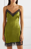 Burberry Green Silk Satin Black Lace Slit Slip Dress