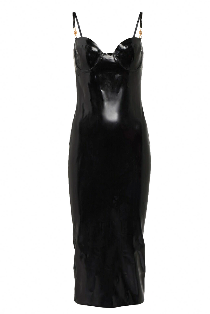 Versace Black Latex Gold Logo Bodycon Bustier Midi Dress