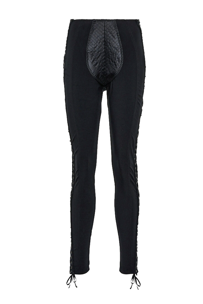 Jean Paul Gaultier Black Satin Patch Lace Up Legging Pants