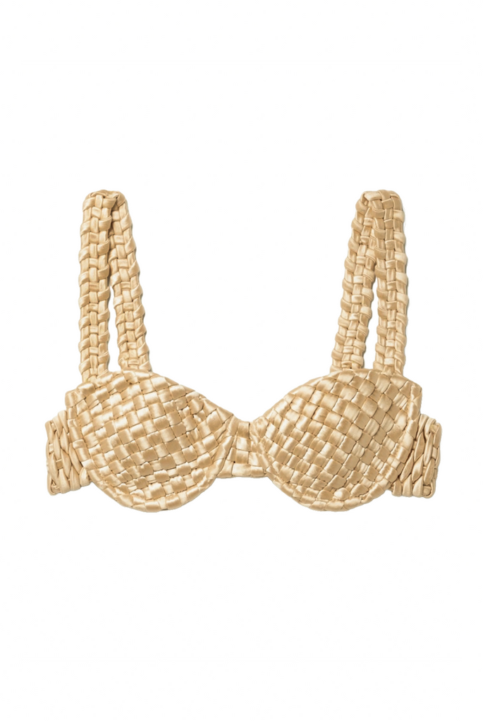 ISA Boulder Tan Beige Satin Cross Stitch Weave Bra Bikini Top
