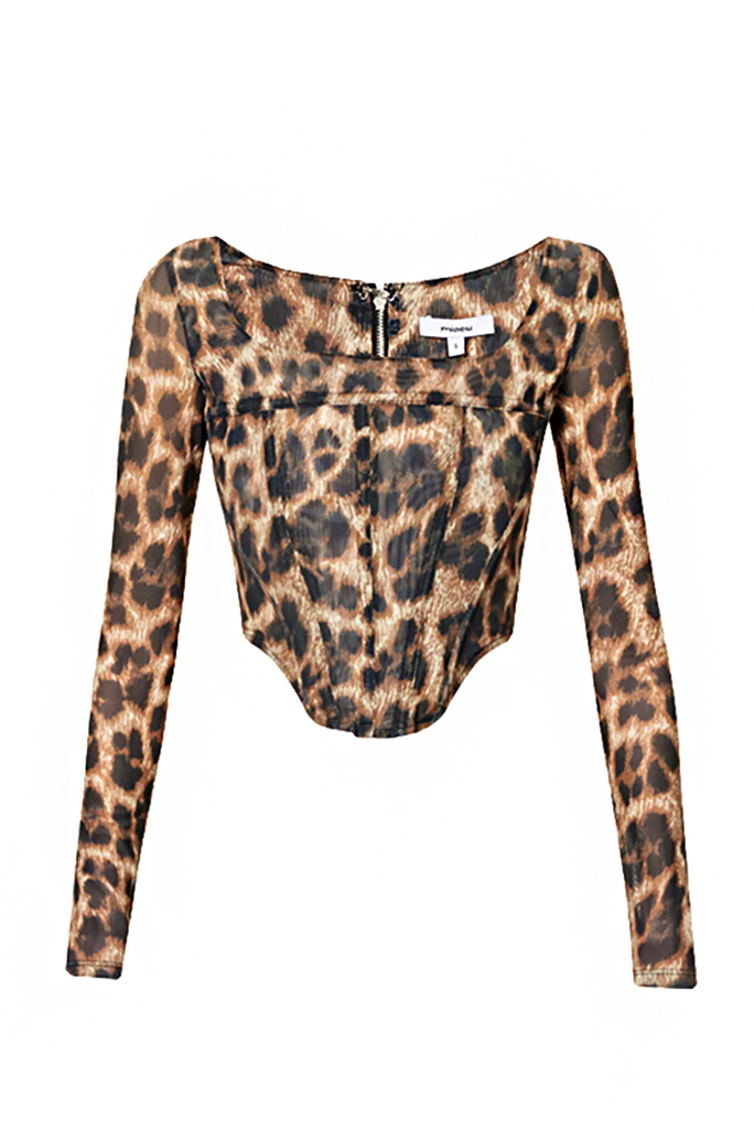 Miaou Black Brown Leopard Animal Print Corset Longsleeve Top