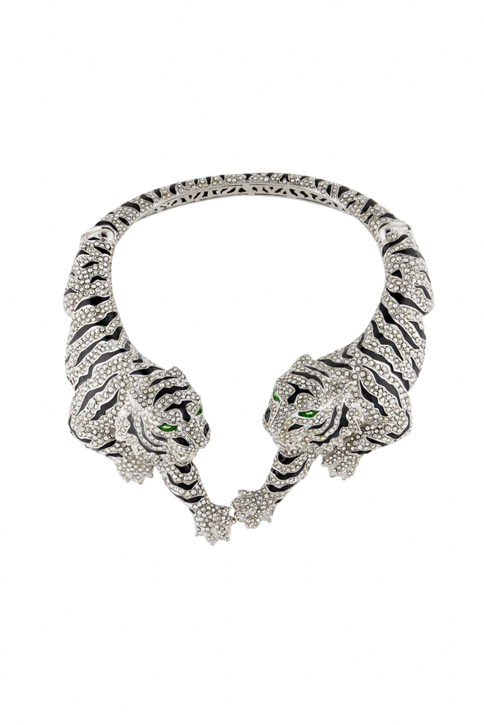 Roberto Cavalli Silver Green Gemstone Crystal Symmetrical Tiger Collar Necklace