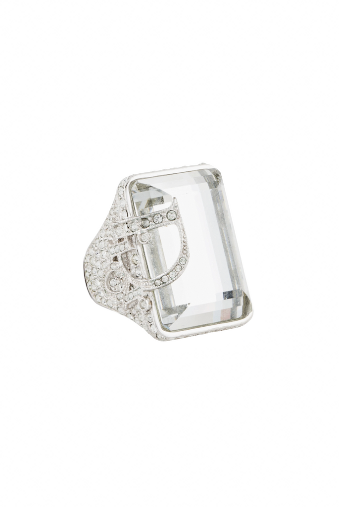 Christian Dior Silver Pavé Crystal Logo Rectangular Cut Cocktail Ring