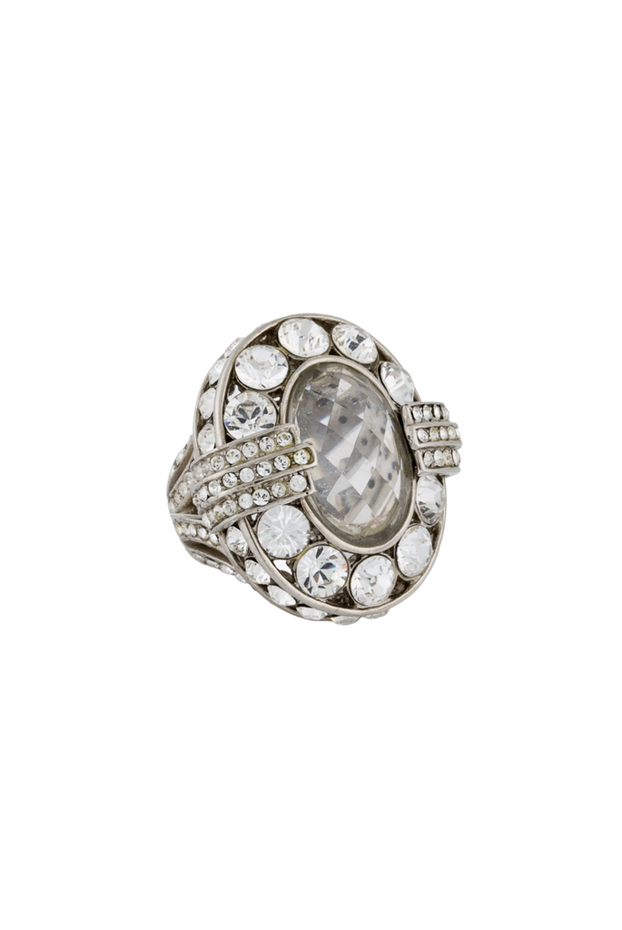 Roberto Cavalli Silver Pavé Crystal Rhinestone Oversized Cocktail Ring