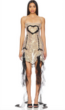 Amor Mia Gold Black Sheer Mirrored Shimmer Heart Lace Ruffle Mini Dress
