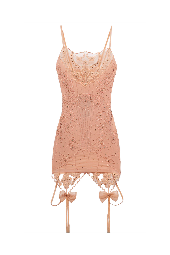 Aniye Records Pink Beaded Crystal Lace Garter Bow Embellished Dress