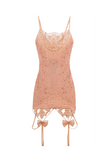 Aniye Records Pink Beaded Crystal Lace Garter Bow Embellished Dress
