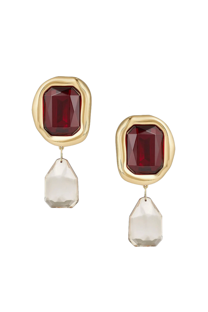 Givenchy Gold Clear Lucite Red Gemstone Chunky Geometric Earrings