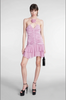 Blumarine Pink Ruched Ruffle Open Back Flower Mini Dress