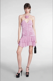 Blumarine Pink Ruched Ruffle Open Back Flower Mini Dress