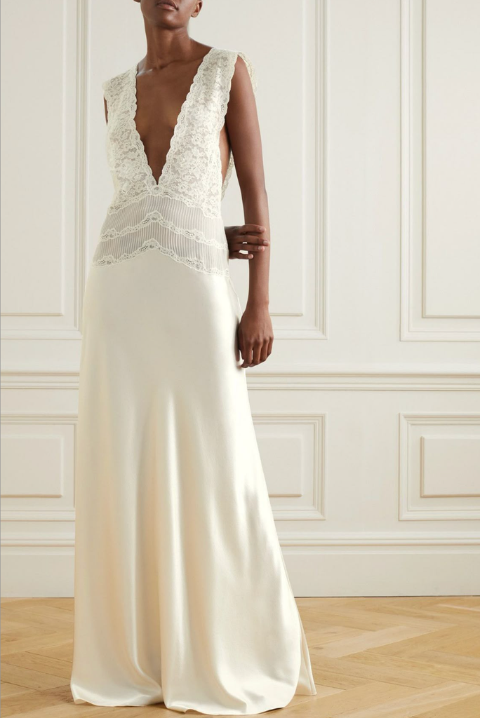 Saint Laurent White Lace Deep Neckline Drop Waist Slip Dress Gown