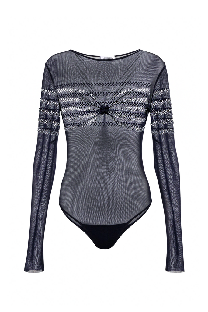 Jean Paul Gaultier Dark Blue Sheer Crystal Pattern Top Bodysuit
