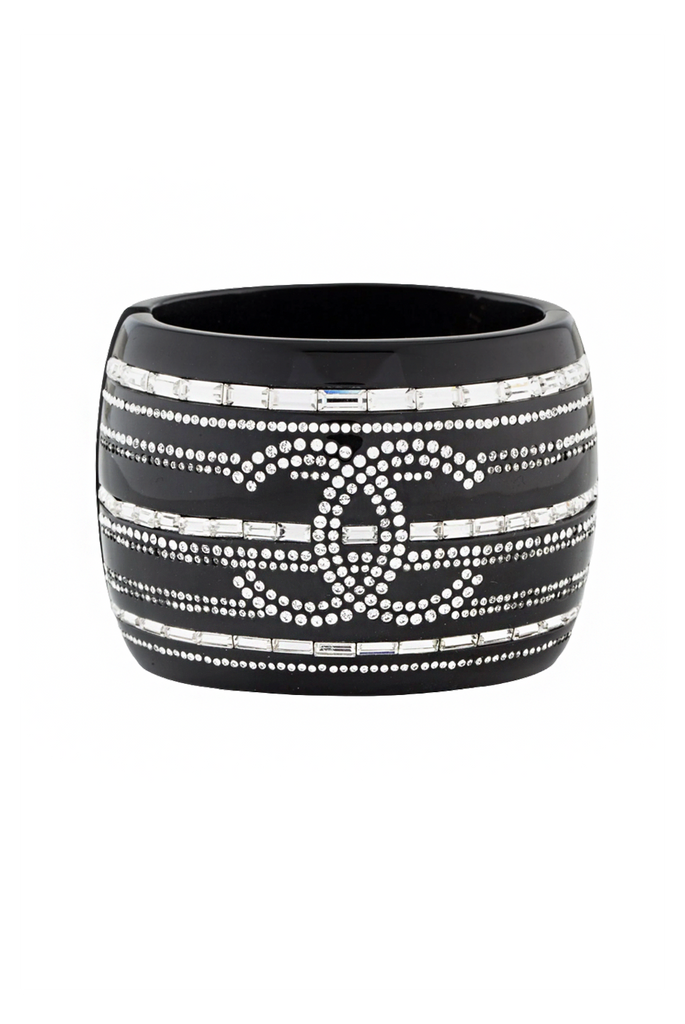 Chanel Black Silver Crystal Pattern Logo Snap Cuff Bracelet