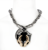 Roberto Cavalli Silver Gunmetal Black Gem Stone Crocodile Embellished Necklace